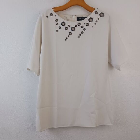 ST. JOHN Knits Bianco Stretch Cady Grommet Blouse Tank Top Shell sz small - Picture 1 of 6